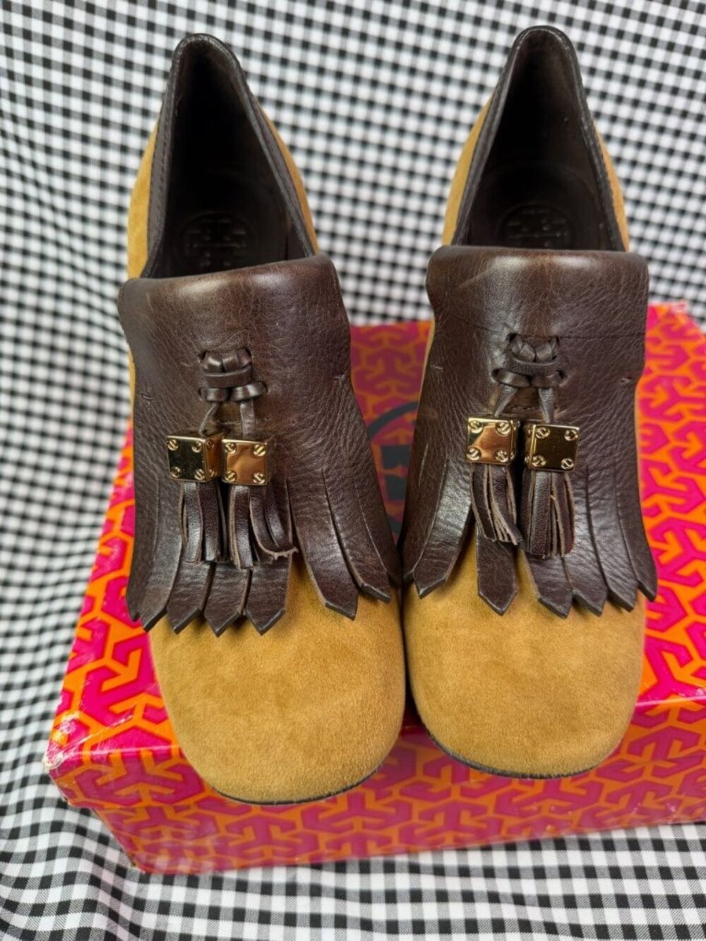 Tory Burch Arelia Kiltie Pump Heels 7.5M Viccoc Brown Suede Leather Tassel Block - Picture 2 of 9